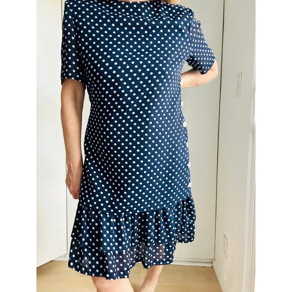 Vintage Navy/White Polka Dot Womens Dress Sheath 80s Retro Fun Whimsy USA Made - Picture 7 of 9